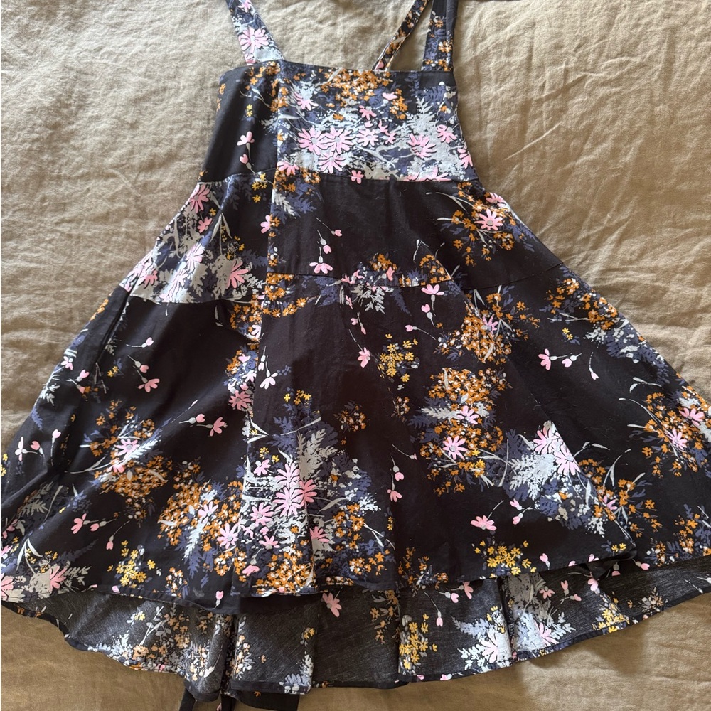 Free People Black Floral Mini Dress with Pink and Mustard Accents